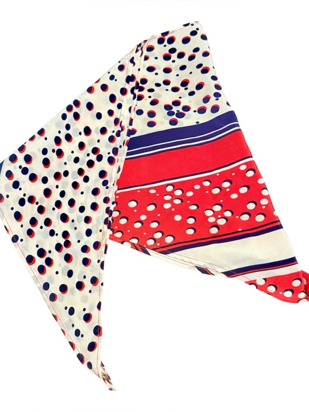 1960’s Bandana Shaped Polka Dot Head Scarf in Red, White & Blue, 40” Long